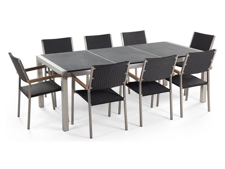 Zestaw mebli ogrodowych jadalniany szary stół granit/bazalt 220 x 100 cm 8 czarnych krzeseł z technorattanu sztaplowanych Stoły z krzesłami Kolor Srebrny Stal Zawartość zestawu Krzesła