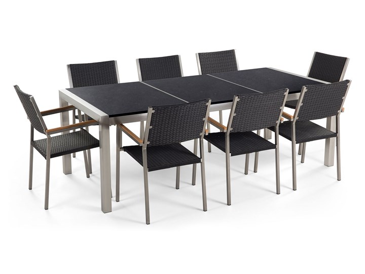 Zestaw mebli ogrodowych jadalniany czarny stół granit/bazalt 220 x 100 cm 8 krzeseł z technorattanu sztaplowanych Stoły z krzesłami Stal Kategoria Zestawy mebli ogrodowych