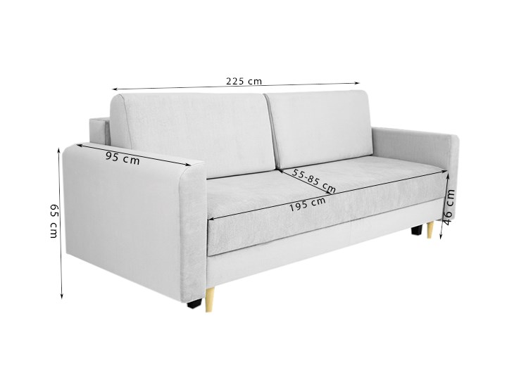 Nowoczesna sofa z funkcją spania ELIZA w kolorze szarym Szerokość 225 cm Nóżki Na nóżkach Głębokość 97 cm Głębokość 55 cm Materiał obicia Tkanina