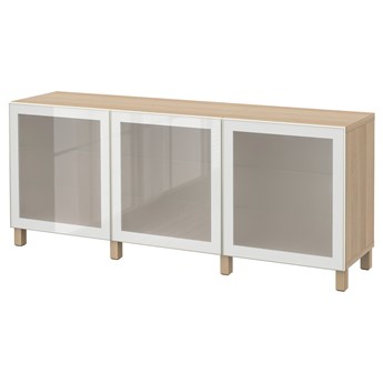 IKEA BESTÅ Kombinacja z drzwiami, dąb bejcowany na biało/Glassvik/Stubbarp białe szkło matowe, 180x42x74 cm