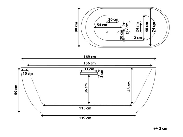 Wanna wolnostojąca biała akrylowa 170 x 80 cm LED hydromasaż system przelewowy owalna współczesna Wolnostojące Kolor Biały