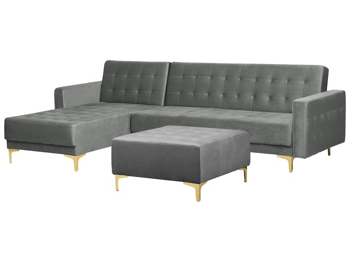 Narożnik rozkładany szary welurowy modułowy 4-osobowy z otomaną nowoczesna pikowana sofa do salonu z szezlongiem prawostronna Prawostronne Wysokość 83 cm Modułowe Szerokość 267 cm Liczba miejsc Czteroosobowy