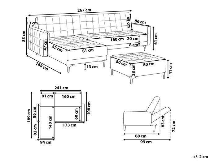 Narożnik rozkładany szary welurowy modułowy 4-osobowy z otomaną nowoczesna pikowana sofa do salonu z szezlongiem prawostronna Prawostronne Szerokość 267 cm Materiał obicia Tkanina Wysokość 83 cm Modułowe Liczba miejsc Czteroosobowy