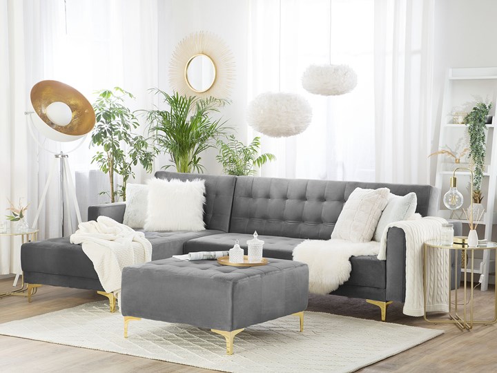 Narożnik rozkładany szary welurowy modułowy 4-osobowy z otomaną nowoczesna pikowana sofa do salonu z szezlongiem prawostronna Prawostronne Wysokość 83 cm Modułowe Szerokość 267 cm Kategoria Narożniki Materiał obicia Tkanina