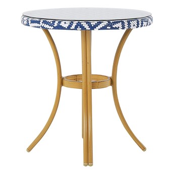 Stół ogrodowy niebiesko-biały technorattan okrągły 70 cm blat szklany aluminiowa rama