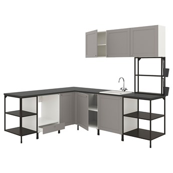 IKEA ENHET Kuchnia narożna, antracyt/szary rama, Wysokość szafka wisząca: 135 cm