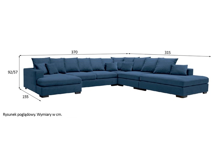 NOWOCZESNY NAROŻNIK DO DUŻEGO SALONU GABON PRAWY/LEWY Głębokość 155 cm Funkcje Z szezlongiem Prawostronne W kształcie litery U Szerokość 370 cm Wysokość 92 cm Nóżki Bez nóżek