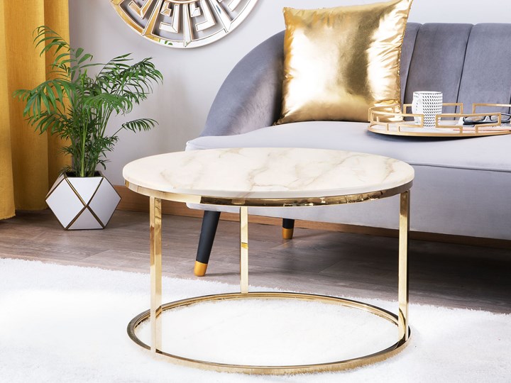 Stolik kawowy biały efekt marmuru złota stalowa rama 43 x 70 cm styl glam Płyta MDF Metal Styl Nowoczesny Styl Glamour