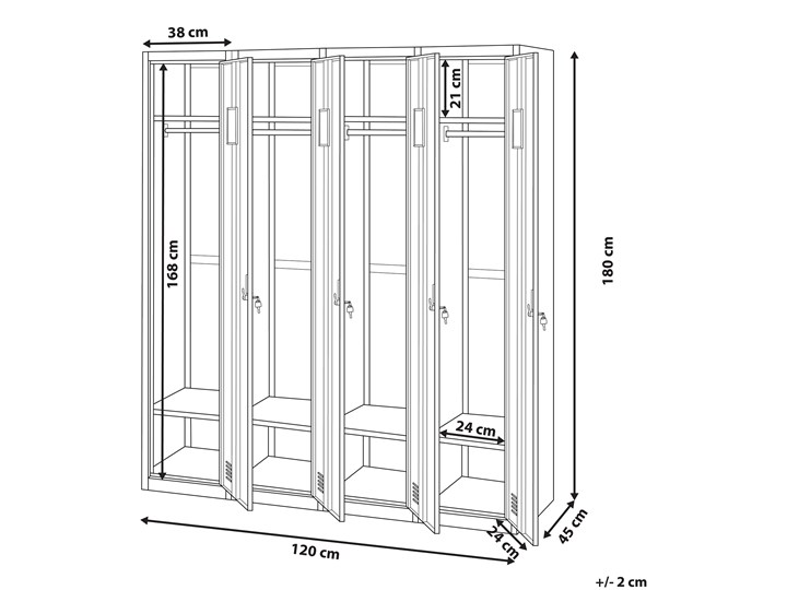 Szafa ubraniowa biała metalowa 120 x 45 x 180 cm 4 drzwi na kluczyk z półkami i drążkiem Uniwersalne Pomieszczenie Biuro i pracownia
