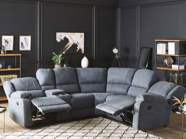 Narożnik rozkładany manualnie szary tapicerowany z funkcją relaksu sofa 5-osobowa uchwyt na napoje schowek Modułowe Styl Nowoczesny
