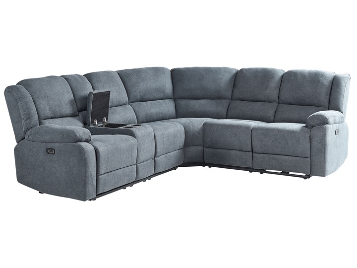 Narożnik rozkładany elektryczny szary tapicerowany z funkcją relaksu sofa 5-osobowa port USB uchwyt na napoje Modułowe Styl Nowoczesny