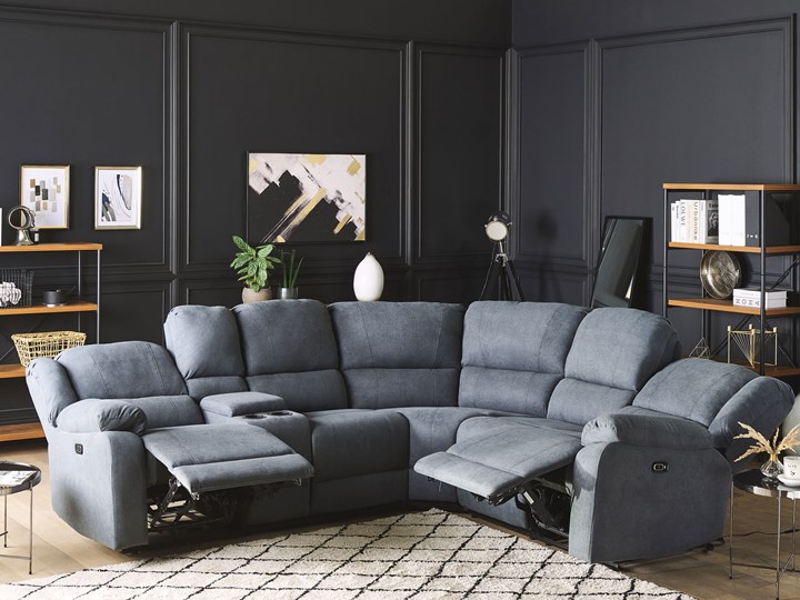 Narożnik rozkładany elektryczny szary tapicerowany z funkcją relaksu sofa 5-osobowa port USB uchwyt na napoje Modułowe Rozkładanie