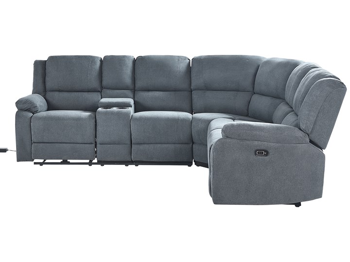 Narożnik rozkładany elektryczny szary tapicerowany z funkcją relaksu sofa 5-osobowa port USB uchwyt na napoje Modułowe Nóżki Bez nóżek