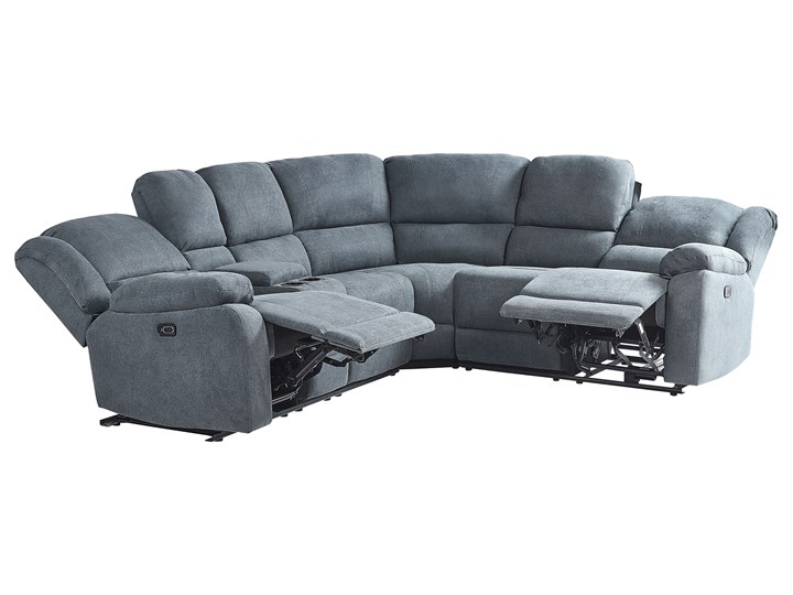 Narożnik rozkładany elektryczny szary tapicerowany z funkcją relaksu sofa 5-osobowa port USB uchwyt na napoje Modułowe Nóżki Bez nóżek