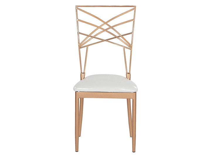 Zestaw 2 krzeseł złotych metalowych z białymi poduszkami na siedzisko z ekoskóry styl glamour Głębokość 42 cm Wysokość 91 cm Skóra ekologiczna Tworzywo sztuczne Tkanina Szerokość 41 cm Z podłokietnikiem Tapicerowane Krzesło inspirowane Skóra Pomieszczenie Salon