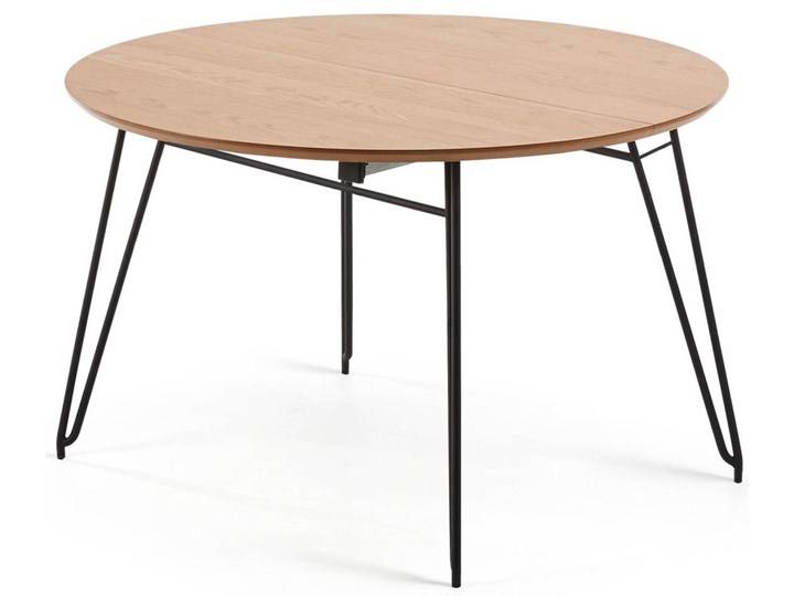 Stół rozkładany okrągły naturalny fornirowany blat dąb czarne metalowe nogi Ø120-200x75 cm