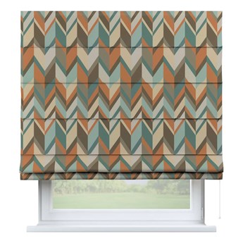 Roleta rzymska Capri, geometryczne wzory w rudo-brązowo-niebieskiej kolorystyce, szer.80 x dł.170 cm, Vintage 70's