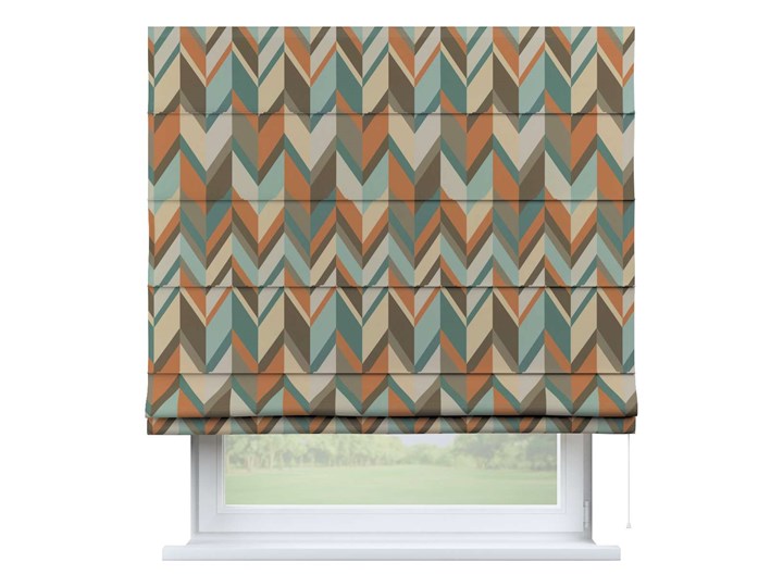 Roleta rzymska Capri, geometryczne wzory w rudo-brązowo-niebieskiej kolorystyce, szer.80 × dł.170 cm, Vintage 70's Kategoria Rolety Typ Roleta zaciemniająca