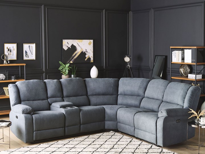 Narożnik rozkładany elektryczny szary tapicerowany z funkcją relaksu sofa 5-osobowa port USB uchwyt na napoje Modułowe Styl Nowoczesny