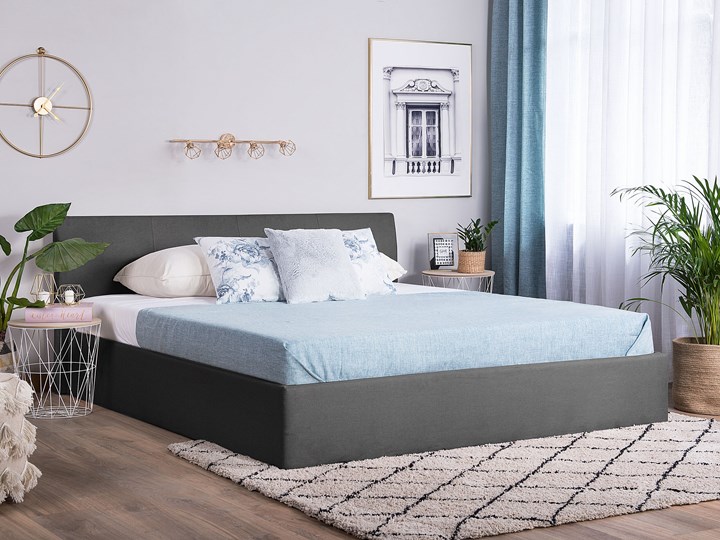 Łóżko ze stelażem szare tapicerowane materiałem z pojemnikiem 160 x 200 cm minimalistyczny wygląd Kategoria Łóżka do sypialni Łóżko tapicerowane Rozmiar materaca 160x200 cm