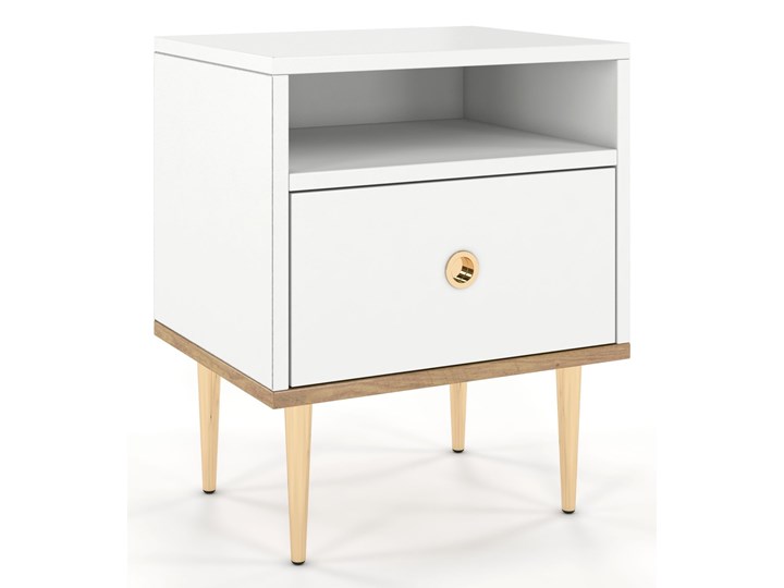 Biała szafka nocna glamour na złotych nóżkach Harmoni Metal Płyta meblowa Płyta laminowana Drewno Płyta MDF Pomieszczenie Sypialnia