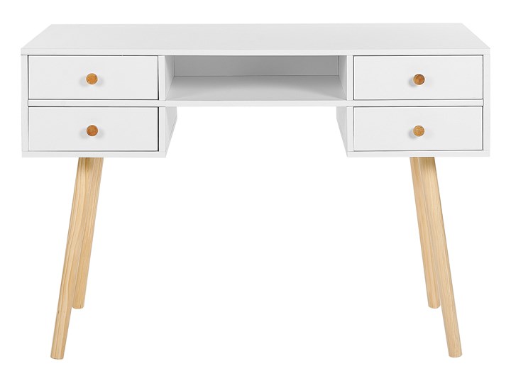 Biurko białe 110 x 55 cm na jasnych drewnianych nogach 4 pojemne szuflady styl skandynawski Sosna Drewno Szerokość 110 cm Styl Nowoczesny Płyta MDF Kolor Biały