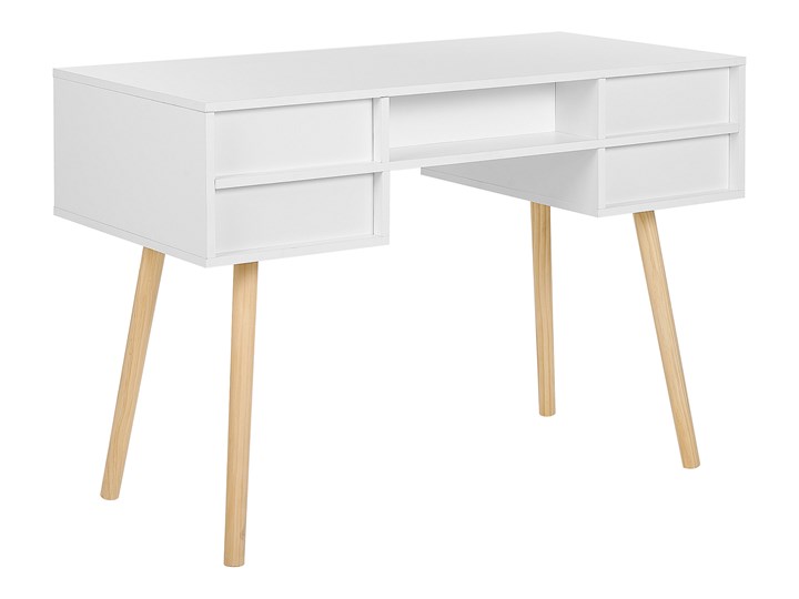 Biurko białe 110 x 55 cm na jasnych drewnianych nogach 4 pojemne szuflady styl skandynawski Sosna Szerokość 110 cm Płyta MDF Drewno Kolor Biały