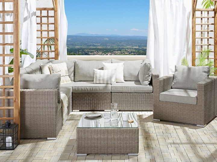 Zestaw mebli ogrodowych brązowy rattan szare poduchy modułowy narożnik fotel stolik kawowy Aluminium Zestawy kawowe Zestawy wypoczynkowe Zestawy modułowe Tworzywo sztuczne Kategoria Zestawy mebli ogrodowych Technorattan Zawartość zestawu Fotele