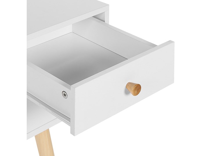 Biurko białe 110 x 55 cm na jasnych drewnianych nogach 4 pojemne szuflady styl skandynawski Drewno Sosna Pomieszczenie Biuro Szerokość 110 cm Płyta MDF Styl Nowoczesny