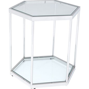 Stolik kawowy sześciokąt metalowy blat szklany srebrny 55x55 cm