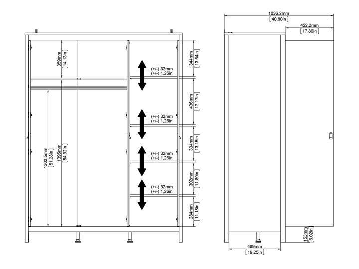 Trzydrzwiowa szafa ubraniowa na nóżkach Madrid 3D biały mat Szerokość 150 cm Wysokość 199 cm Głębokość 58 cm Ilość drzwi Trzydrzwiowe