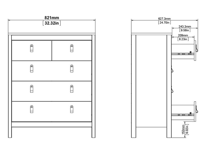 Funkcjonalna komoda pokojowa z szufladami Madrid 3+2 biały mat Głębokość 39 cm Płyta MDF Styl Prowansalski Szerokość 82 cm Wysokość 99 cm Kategoria Komody