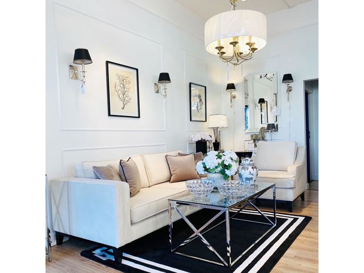STOLIK KAWOWY METALOWY SREBRNY W STYLU NOWOJORSKIM WYBIERZ ROZMIAR ” MONTEGO ” 110x60x60H cm Wysokość 50 cm Zestaw stolików Stal Szkło Ława Kształt blatu Prostokątne
