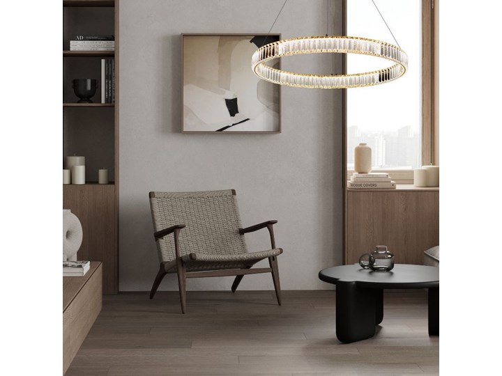 MCODO :: Kryształowy złoty żyrandol led Prisma 48W z barwą ciepłą 3000K ring 80cm Lampa z kryształkami Lampa LED Lampa z kloszem Metal Styl Nowoczesny