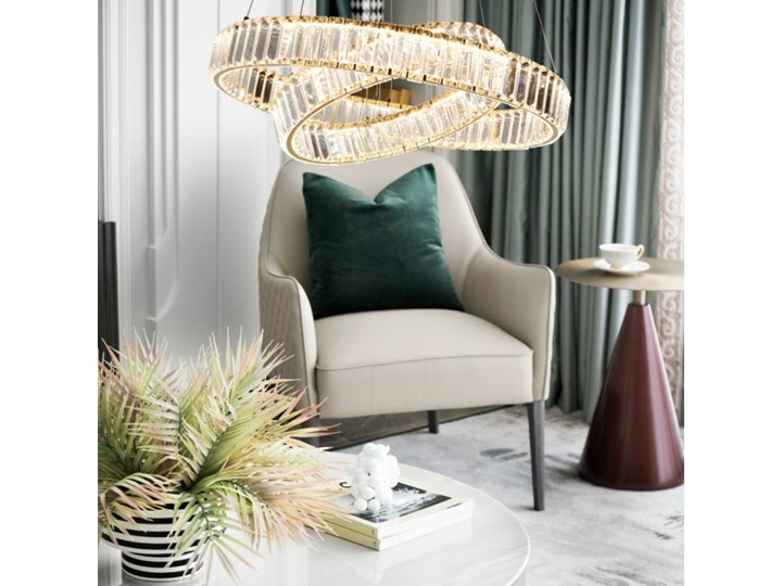 MCODO :: Kryształowy złoty żyrandol led Prisma 60W z barwą ciepłą 3000K z podwójnymi ringami 60 i 40cm Styl Klasyczny Chrom Metal Lampa z kryształkami Kategoria Lampy wiszące