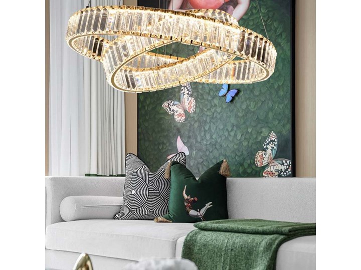 MCODO :: Kryształowy złoty żyrandol led Prisma 60W z barwą ciepłą 3000K z podwójnymi ringami 60 i 40cm Chrom Metal Lampa z kryształkami Kategoria Lampy wiszące