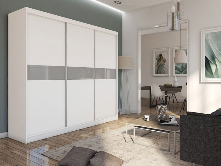 Biało-szara szafa na ubrania do przedpokoju TOKIO 240 cm szkło lacobel Wysokość 216 cm Stal Płyta MDF Ilość drzwi Dwudrzwiowe Płyta laminowana Rodzaj frontów Połysk