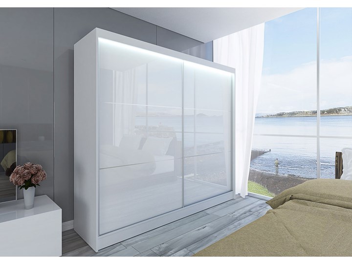 Szafa przesuwna biała lacobel 200 cm WALENCJA szybka dostawa Płyta laminowana Wysokość 216 cm Stal Płyta MDF Rodzaj frontów Z grafiką