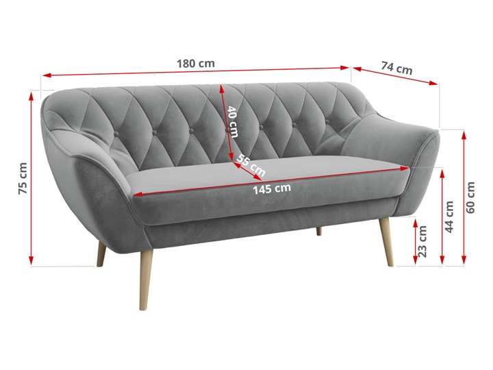 Skandynawska trzyosobowa sofa na wysokich nóżkach PIRS 3 ciemnoniebieska Głębokość 74 cm Szerokość 180 cm Typ Pikowane