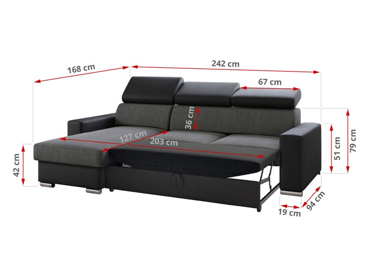 Rozkładany narożnik FOX z funkcją spania i regulowanymi zagłówkami Szerokość 242 cm Wysokość 42 cm Strona Lewostronne