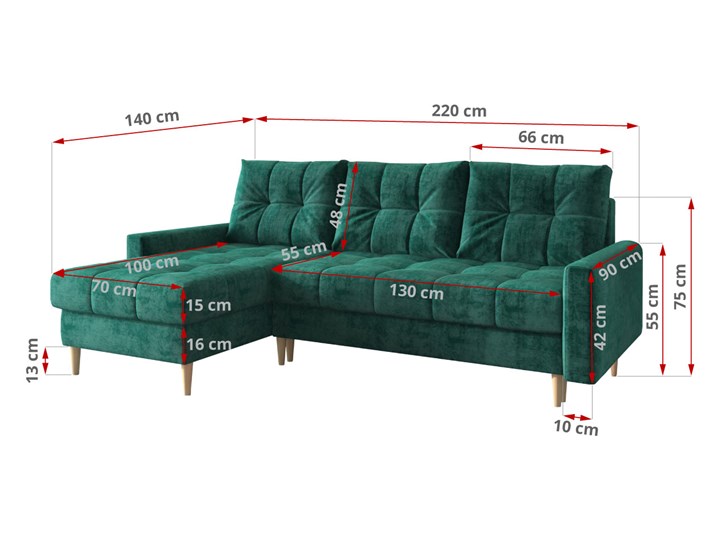 Butelkowo zielony skandynawski rozkładany narożnik z funkcją spania SCANDI Szerokość 220 cm Wysokość 44 cm Wykonanie siedziska Sprężyny Strona Lewostronne