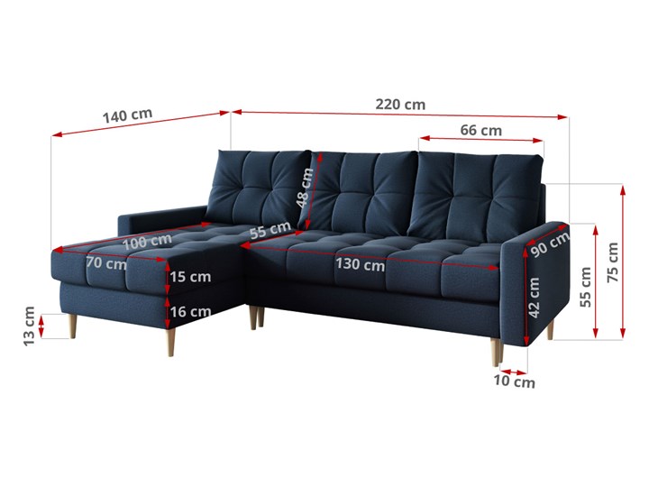 Granatowy skandynawski rozkładany narożnik z funkcją spania SCANDI Wysokość 44 cm Szerokość 220 cm Strona Lewostronne