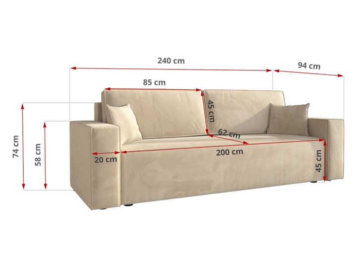 Sofa KLARA rozkładana z pojemnikiem na pościel w kolorze kremowym Głębokość 87 cm Szerokość 240 cm Kolor Beżowy