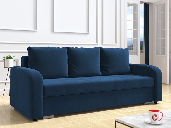 Sofa LENA z funkcją spania i pojemnikiem na pościel w kolorze granatowym Szerokość 225 cm Głębokość 98 cm Szerokość 60 cm Materiał obicia Tkanina