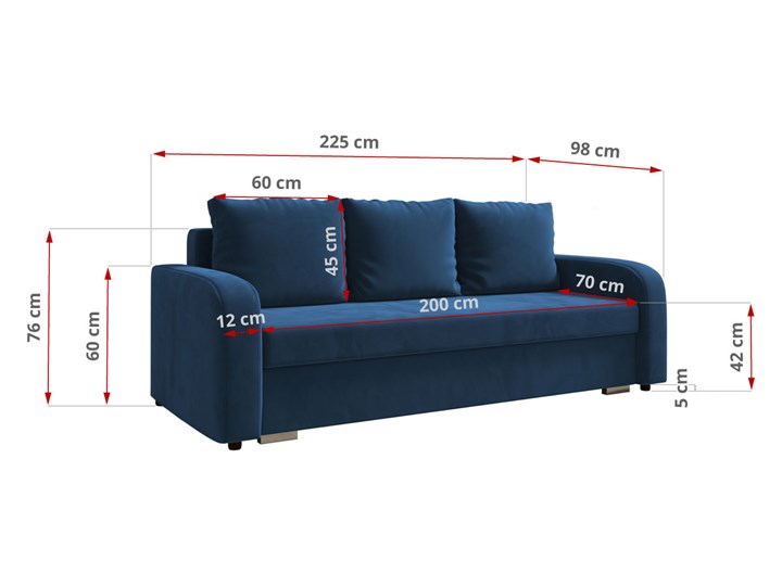 Sofa LENA z funkcją spania i pojemnikiem na pościel w kolorze granatowym Szerokość 225 cm Szerokość 60 cm Głębokość 98 cm Rozkładanie Rozkładana