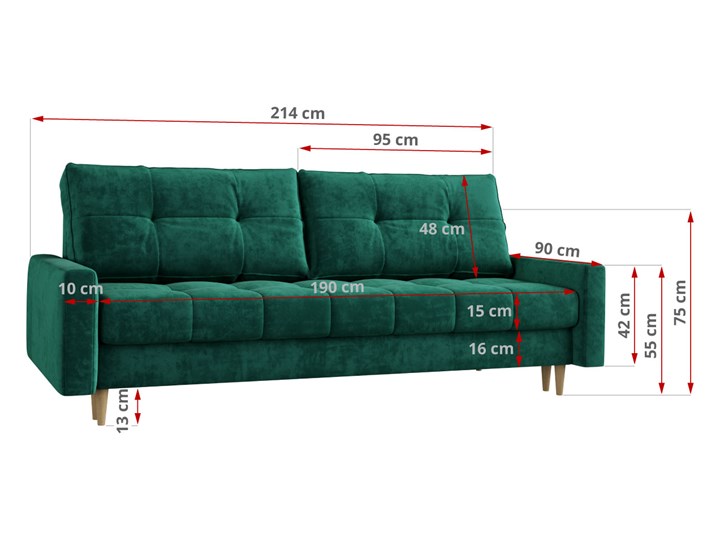 Butelkowa zieleń skandynawska rozkładana sofa z funkcją spania SCANDI Szerokość 214 cm Głębokość 90 cm Typ Gładkie