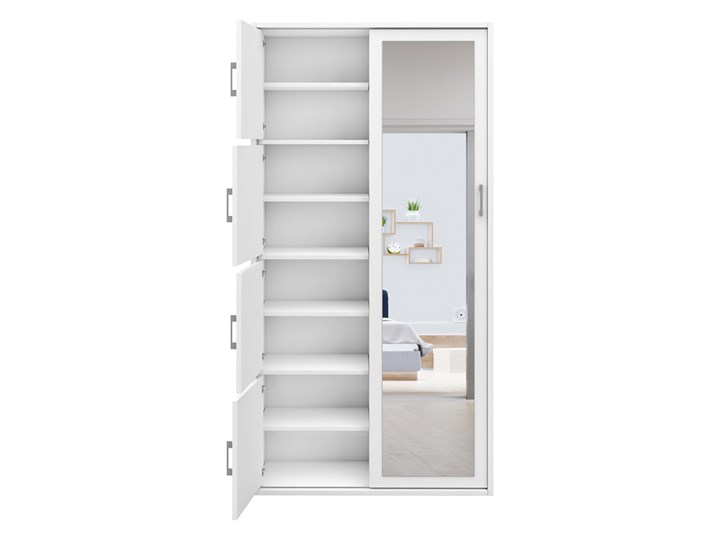 Biała szafa przesuwna na buty MKS 01 garderoba do przedpokoju z lustrem 95 cm Styl Nowoczesny Stal Wysokość 205 cm Płyta MDF Drewno Głębokość 40 cm Płyta laminowana Kolor Biały