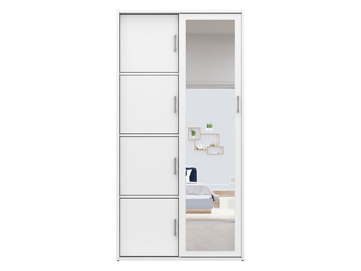 Biała szafa przesuwna na buty MKS 01 garderoba do przedpokoju z lustrem 95 cm Drewno Płyta laminowana Pomieszczenie Sypialnia Stal Głębokość 40 cm Płyta MDF Wysokość 205 cm Rodzaj frontów Mat