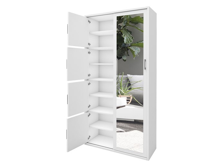 Biała szafa przesuwna na buty MKS 01 garderoba do przedpokoju z lustrem 95 cm Wysokość 205 cm Stal Płyta MDF Głębokość 40 cm Drewno Lustro Płyta laminowana Pomieszczenie Sypialnia