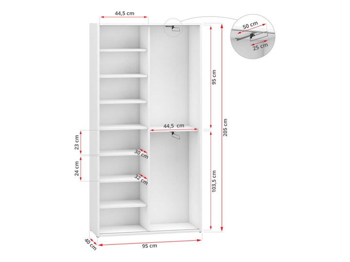 Biała szafa przesuwna na buty MKS 01 garderoba do przedpokoju z lustrem 95 cm Wysokość 205 cm Drewno Płyta laminowana Płyta MDF Stal Lustro Głębokość 40 cm Styl Nowoczesny